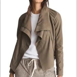 NWT REISS Rae Rib Sleeve Leather Jacket In Stone